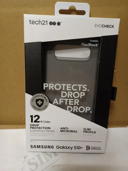 LOT OF APPROX. 80 BRAND NEW BOXED TECH 21 T21-6949 SMOKEY BLACK EVO CHECK CASE COVER WITH 12FT DROP PROTECTION AND ANTI-MICROBIAL PROTECTION FOR SAMSUNG GALAXY S10+