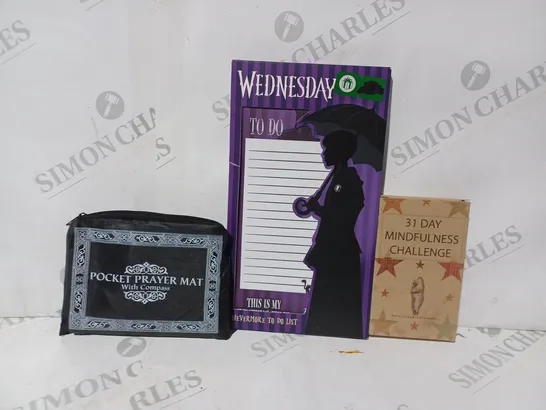 APPROXIMATELY 10 ASSORTED HOUSEHOLD ITEMS TO INCLUDE POCKET PRAYER MAT W. COMPASS, WEDNESDAY TO DO LIST, 31 DAY MINDFULNESS CHALLENGE, ETC