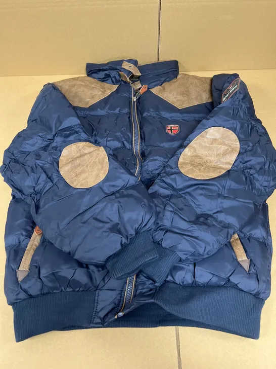 GEOGRAPHICAL NORWAY NAVY PUFFER JACKET WITH LEATHER SHOULDER PATCHES SIZE XXL