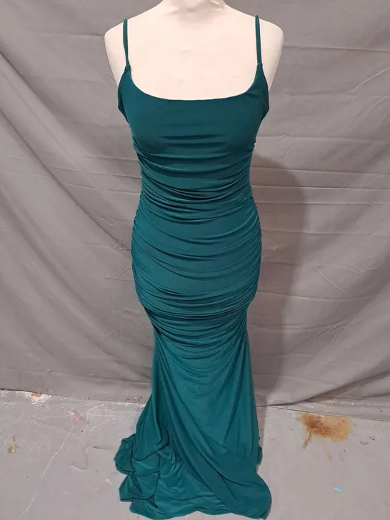 CLUB LONDON ADELE BACKLESS RUCHED FISHTAIL CAMI MAXI DRESS IN BOTTLE GREEN SIZE 8