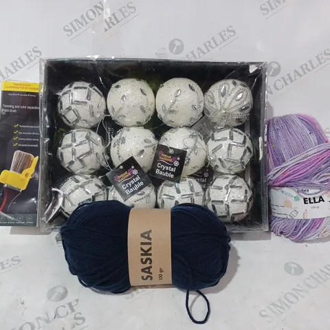 BOX OF APPROXIMATELY 20 ASSORTED HOUSEHOLD ITEMS TO INCLUDE KNITTING YARN, CRYSTAL BAUBLES, PAINT BRUSH, ETC