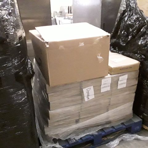 PALLET OF ASSORTED ITEMS INCLUDING 1 SHELF METAL FRAME CONSOLE AND PROTECTIVE FACE SHIELDS