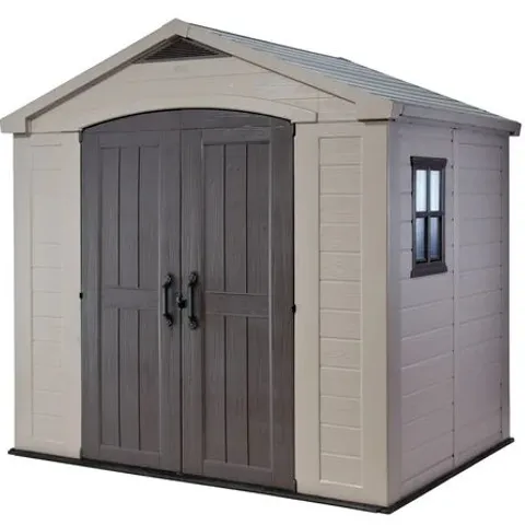 BOXED KETER FACTOR 8FT. W × 6FT. D APEX OUTDOOR GARDEN SHED (2 BOXES)