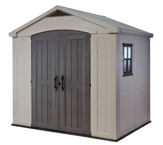 BOXED KETER FACTOR 8FT. W × 6FT. D APEX OUTDOOR GARDEN SHED (2 BOXES)