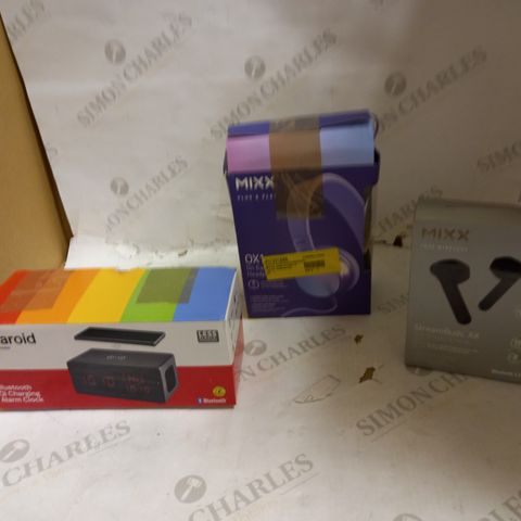 BOX OF APPROXIMATELY 25 ITEMS TO INCLUDE POLOROID BLUETOOTH ALARM CLOCK, MIXX TRUE WIRELESS STREAMBUDS AND MIXX WIRED HEADPHONES