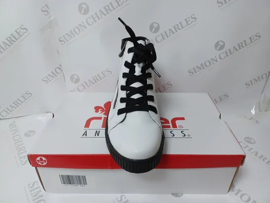 BOXED PAIR OF RIEKER HIGH TOP TRAINERS WITH SIDE ZIP IN WHITE SIZE 6.5