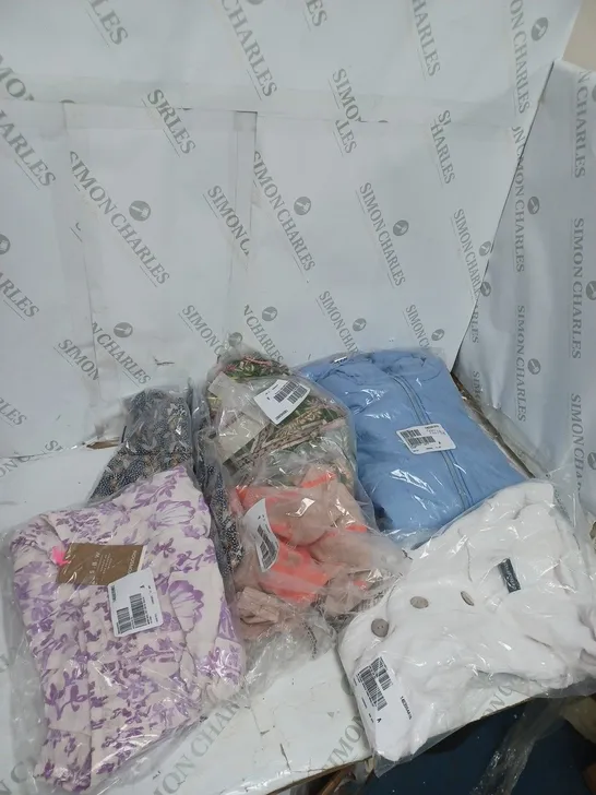 LARGE BOX OF ASSORTED CLOTHING ITEMS TOO INCLUDE TOPS , TROUSERS AND JUMPERS COMING IN DIFFERENT COLOURS AND SIZES 