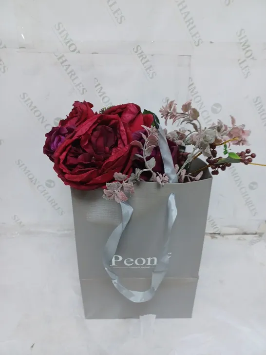 BOXED FAUX FLOWER ARRANGEMENT WITH VASE AND PEONY FLOWER AND ROOM SCENT RED AND PURPLE