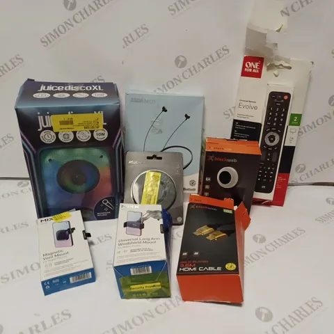 BOX OF APPROX 20 ASSORTED ITEMS INCLUDING JUICEDISCOXL SPEAKER, MIXX MAGNETIC VENT MOUNT AND BLACKWEB WEB CAM