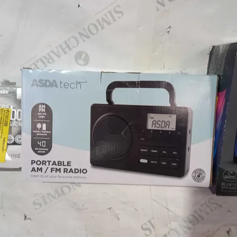 BOX OF APPROXIMATELY 15 ASSORTED ELECTRICAL ITEMS TO INCLUDE ASDA TECH BLUETOOTH SPEAKER, ASDA TEECH PORTABLE AM/FM RADIO, JUICEJUMBO MARSHMALLOW WIRELESS SPEAKER, ETC