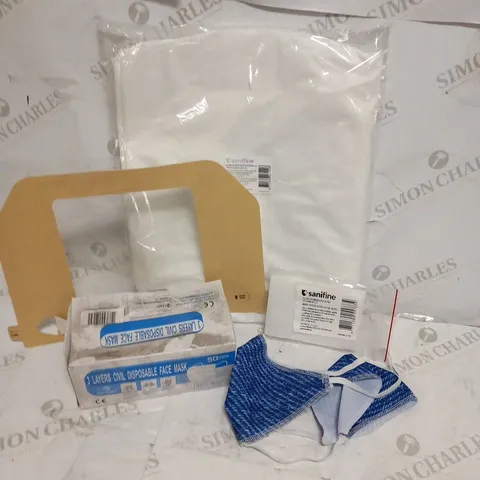 CAGE OF ASSORTED PROTECTIVE PRODUCTS TO INCLUDE; DISPOSABLE FACE MASKS, CLEAR APRONS(1500), FACE SCREENS AND FACE MASK FILTERS