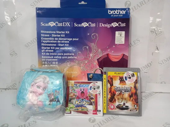 BOX OF APPROXIMATELY 5 ASSORTED TOys and games TO INCLUDE SAINTS ROW 2 PLAYSTATION 3 GAME, KIRBY TRIPLE DELUXE NINTENDO 3DS GAME, SCAN N CUT RHINESTONE STARTER KIT, ETC