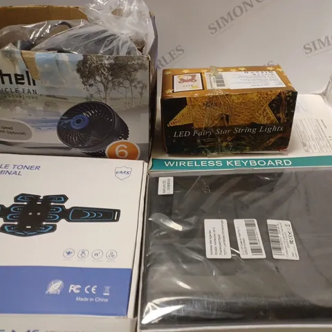 BOX OF 5 ASSORTED HOUSEHOLD ITEMS TO INCLUDE IPAD CASE, CAR FAN, WIRELESS KEYBOARD, ETC