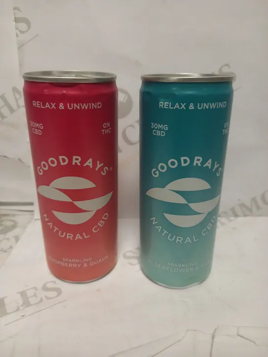 LOT OF 12 GOODRAYS 30MG CBD SELTZER, 6X ELDERFLOWER & YUZU AND 6X RASPBERRY & GUAVA