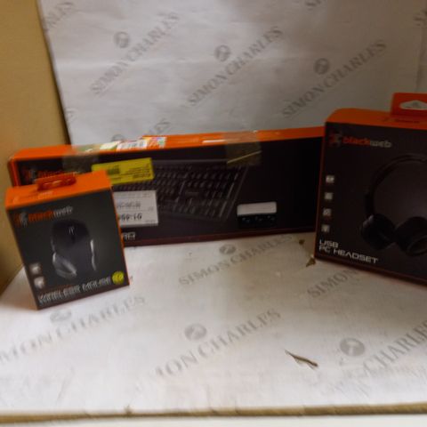 BOX OF APPROXIMATELY 13 BLACKWEB ITEMS TO INCLUDE A WIRELESS MOUSE, USB PC HEADSET AND A WIRELESS SILENT KEYBOARD 