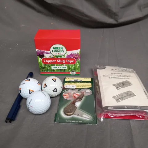 APPROX 20 ASSORTED HOUSEHOLD ITEMS TO INCLUD GOLFBALLS, COPPER SLUG TAPE AND PENS