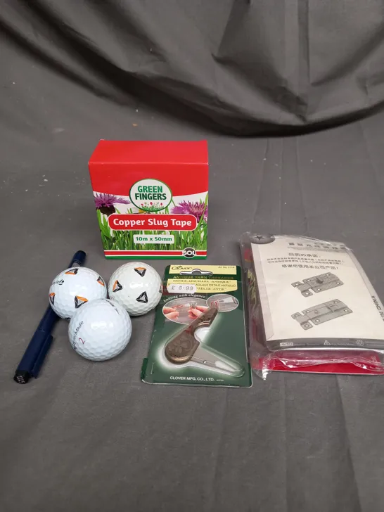 APPROX 20 ASSORTED HOUSEHOLD ITEMS TO INCLUD GOLFBALLS, COPPER SLUG TAPE AND PENS