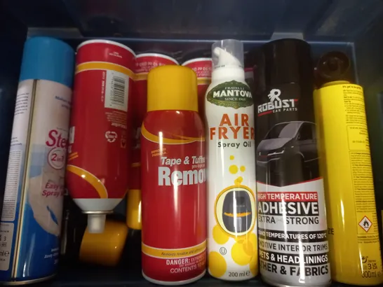 BOX OF APPROX 11 ASSORTED AEROSOLS TO INCLUDE - ROBUST CAR PARTS HIGH TEMP ADHESIVE - MANTOVA AIR FRYER - SCHWARZKOPF GOT2B GLUED ECT