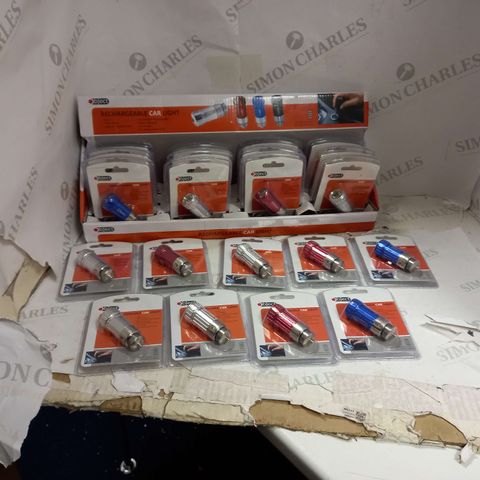 BOX OF APPROXIMATELY 20 OBJECT RECHARGEABLE CAR LIGHTS IN VARIOUS COLOURS