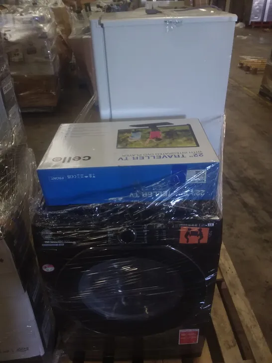 PALLET OF ASSORTED ITEMS INCLUDING CANDY FRIDGE FREEZER, 22" TV, WASHING MACHINE