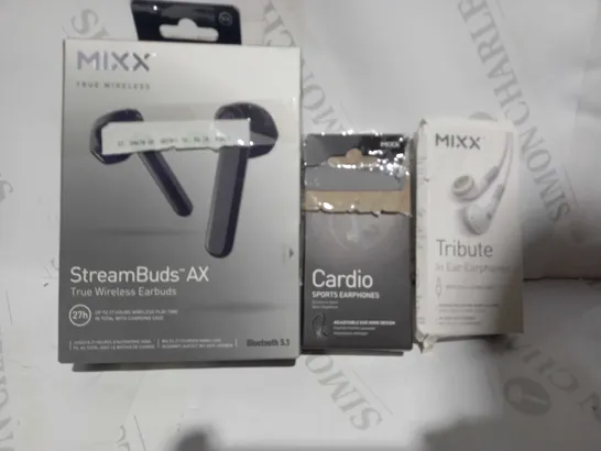 LOT OF APPROXIMATELY 20 ASSORTED HOUSEHOLD ITEMS TO INCLUDE MIXX STREAMBUDS AX TRUE WIRELESS EARBUDS, MIXX CARDIO SPORTS EARPHONES, MIXX TRIBUTE IN EAR EARPHONES, ETC