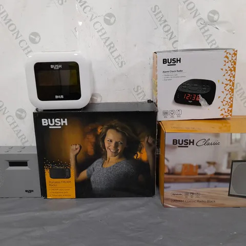 BOX OF APPROXIMATELY 15 ASSORTED ITEMS TO INCLUDE - BUSH ALARM CLOCK RADIO , BUSH CLASSIC RADIO , PORTABLE RADIO ETC