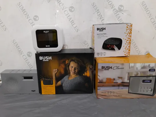 BOX OF APPROXIMATELY 15 ASSORTED ITEMS TO INCLUDE - BUSH ALARM CLOCK RADIO , BUSH CLASSIC RADIO , PORTABLE RADIO ETC