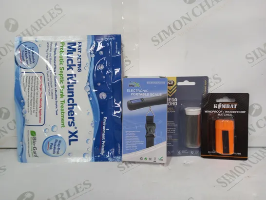 LOT OF APPROXIMATELY 10 ASSORTED HOUSEHOLD ITEMS TO INCLUDE KOMBAT WINDPROOF/WATERPROOF MATCHES, ELECTRONIC PORTABLE SCALE, K2 MEGA BOND STEEL PUTTY, ETC