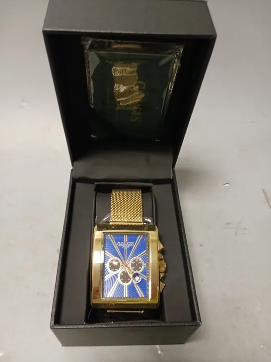 GAMAGES EXCLUSIVE NAVY DIAL GOLD COLOUR CASE WATCH 