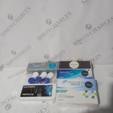 BOX OF APPROXIMATELY 20 ASSORTED CONTACT LENSES AND EYE TREATMENT TO INCLUDE EASY VISION, EYE EXPERT AND ACUVUE