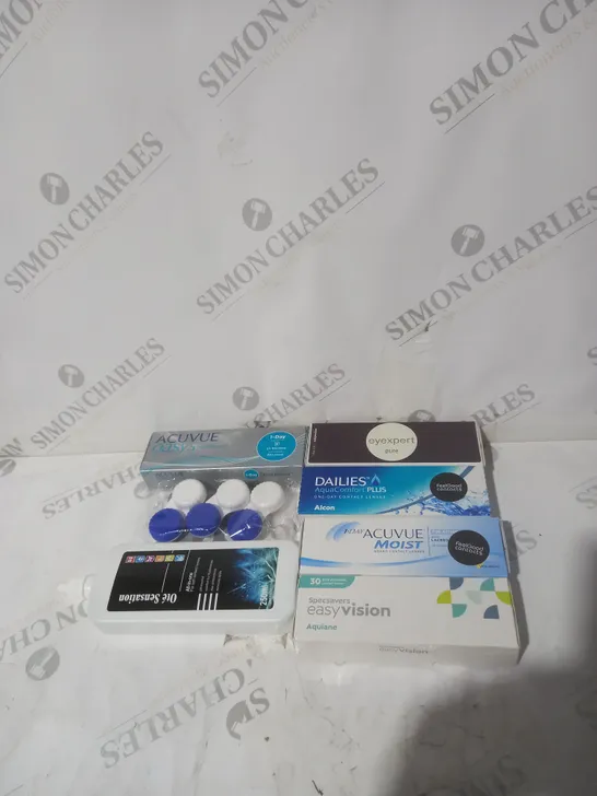 BOX OF APPROXIMATELY 20 ASSORTED CONTACT LENSES AND EYE TREATMENT TO INCLUDE EASY VISION, EYE EXPERT AND ACUVUE