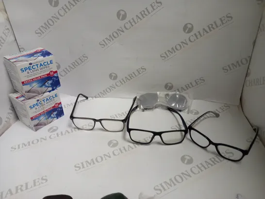 LOT OF APPROXIMATELY 15 PAIRS OF GLASSES AND LENS WIPES