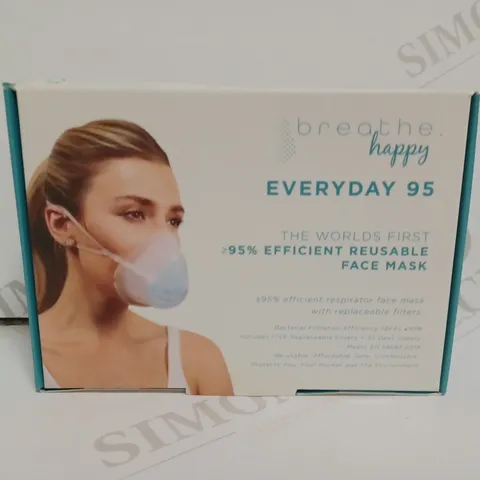 BOX OF APPROXIMATELY 20 BOXES OF BREATHE HAPPY EVERYDAY 95 REUSABLE FACE MASKS