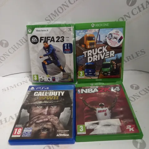 BOX TO CONTAIN 4 X ASSORTED VIDEO GAMES. INCLUDES CALL OF DUTY WWII, FIFA 23, TRUCK DRIVER ETC