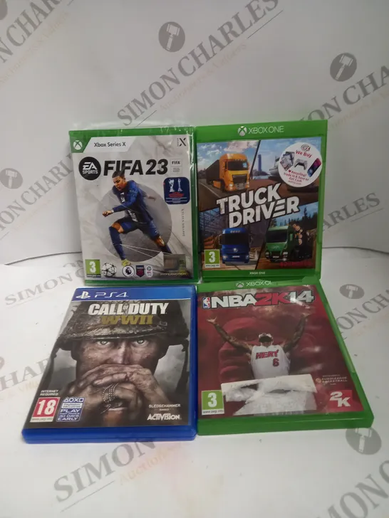 BOX TO CONTAIN 4 X ASSORTED VIDEO GAMES. INCLUDES CALL OF DUTY WWII, FIFA 23, TRUCK DRIVER ETC