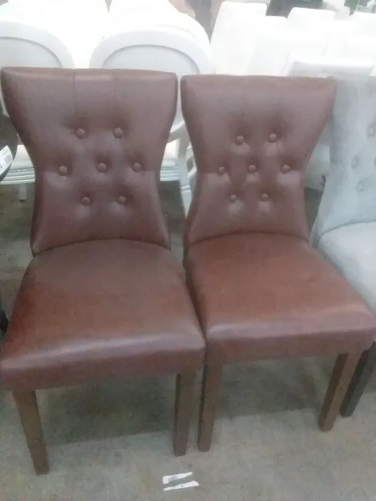 PAIR OF DESIGNER BROWN FAUX LEATHER BUTTON BACK DINING CHAIRS WITH WALNUT LEGS