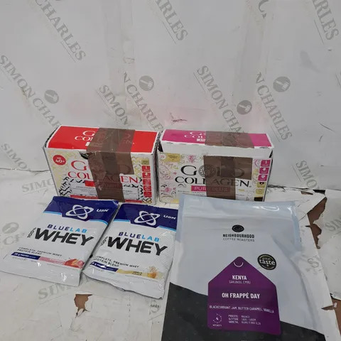TOTE NO ASSORTED FOOD AND DRINK TOO INCLUDE WHEY PROTEIN , COLLAGEN N , ENERGY POUCH 