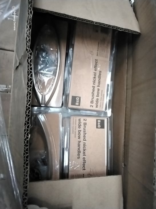 PALLET OF APPROXIMATELY 40 BOXES OF ASSORTED BRUSHED NICKEL EFFECT WIDE BOW HANDLES