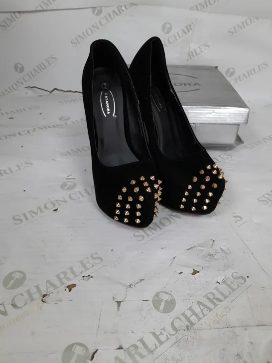 CASSANDRA PLATFORM STILLETO HEEL IN BLACK SUEDE WITH GOLD SPIKES AND RED SOLE SIZE 3