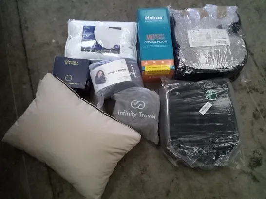 PALLET OF ASSORTED ITEMS INCLUDING ELVIROS MEMORY FOAM CERVICAL PILLOW, INFINITY PILLOW, PORTABLE NECK PILLOW, DONUT SEAT CUSHION, FITTED QUILT MATTRESS PAD