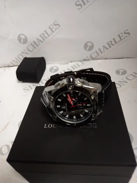 MENS LOUIS LACOMBE CHRONOGRAPH WATCH BLACK DIAL BLACK LEATHER STRAP 