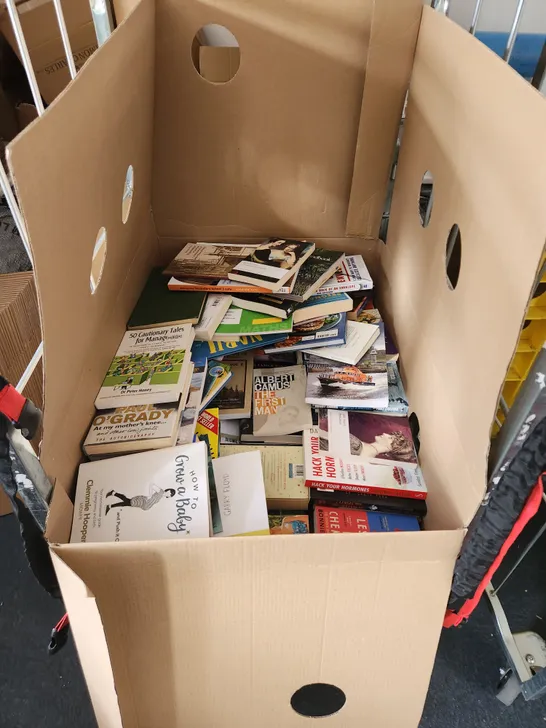 CAGE OF A SIGNIFICANT QUANTITY OF ASSORTED BOOKS BY GABRIELLE ZEVIN, SCOTT CUNNINGHAM, COLLEEN HOOVER, MICHAEL PARKINSON, FREDERICK FORSYTH, DAISY WAUGH, ETC