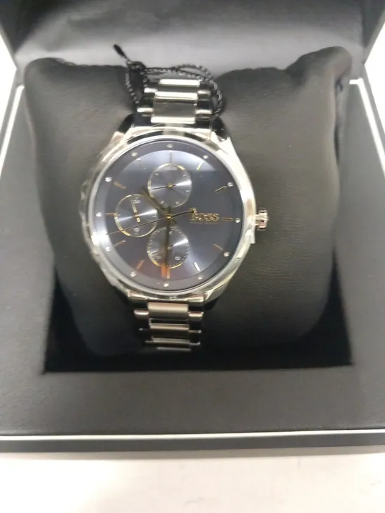 BOXED HUGO BOSS GRAND COURSE BLUE DIAL STAINLESS STEEL WRIST WATCH