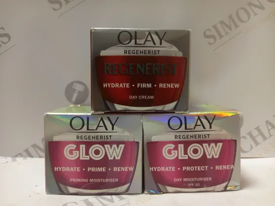 BOX OF 3 ASSORTED OLAY REGENERIST PRODUCTS TO INCLUDE 2 X GLOW FIRMING MOISTURISER & 1 X DAY CREAM 