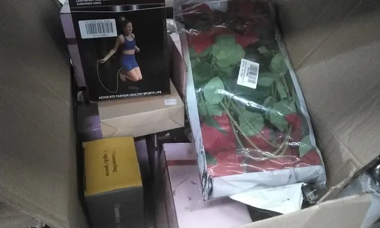 BOX OF ASSORTED ITEMS INCLUDING WIRE CUTTERS, MEASURING CUP & SPOON, FAKE ROSES SET, SPEED ROPE