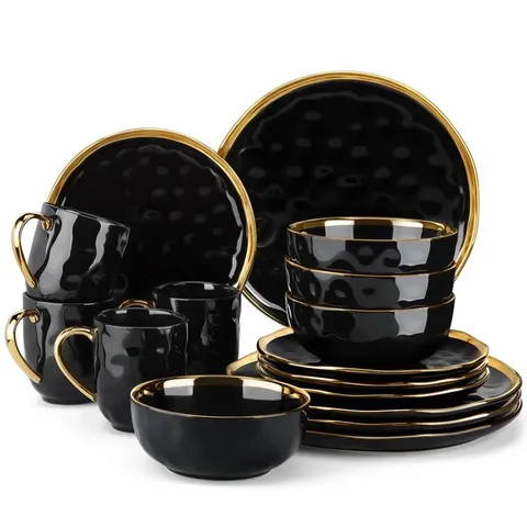 BOXED VARA 16 PIECE HANDMADE STONEWARE DINING SET IN BLACK AND GOLD (1 BOX)