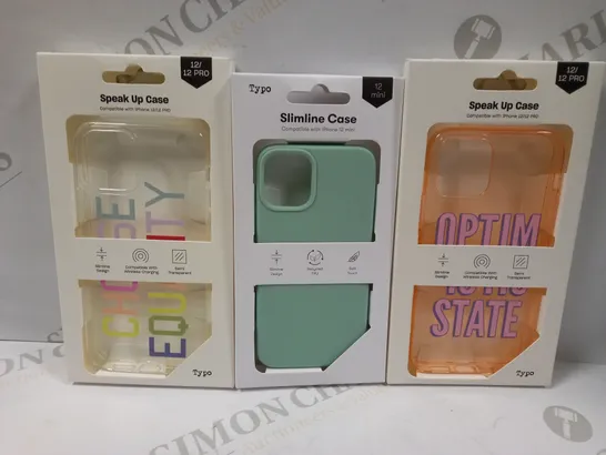 BOX OF APPROXIMATELY 50 TYPO PHONES CASES ('SLIMLINE CASE' & 'SPEAK UP CASE') FOR IPHONE 12 MINI, 12/12PRO IN VARYING COLOURS