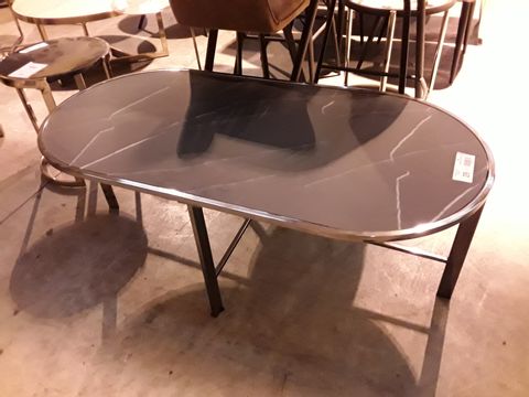 DESIGNER CHROME FRAMED OVAL BLACK MARBLE EFFECT COFFEE TABLE