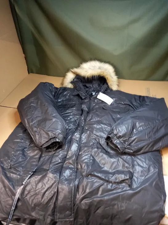 PLUS FAUX FUR HOODED PARKA JACKET IN BLACK SIZE 16