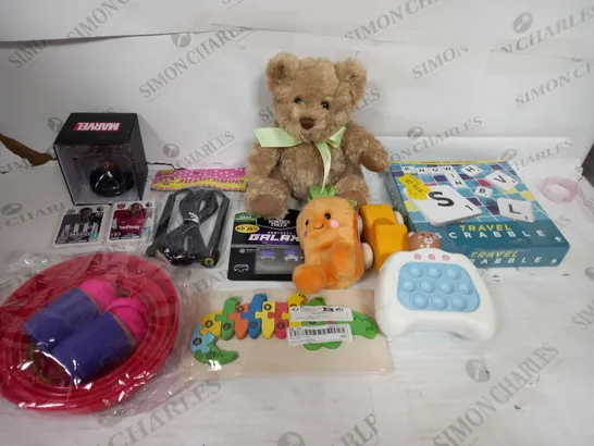 LARGE BOX OF ASSORTED TOYS AND GAMES TO INCLUDE TEDDIES, SCARBBLE AND FOOTBALL CARDS